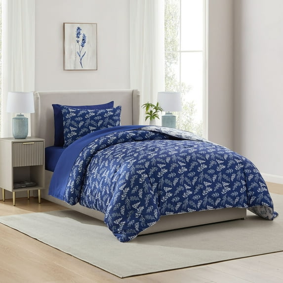 Lammaloe Twin XL Comforter Sets, 5 Piece Reversible Botanical Bed in a Bag, Dorm Bedding Comforter Set with Sheets, Modern Bed Set, Majestic Blue/Lunar Gray