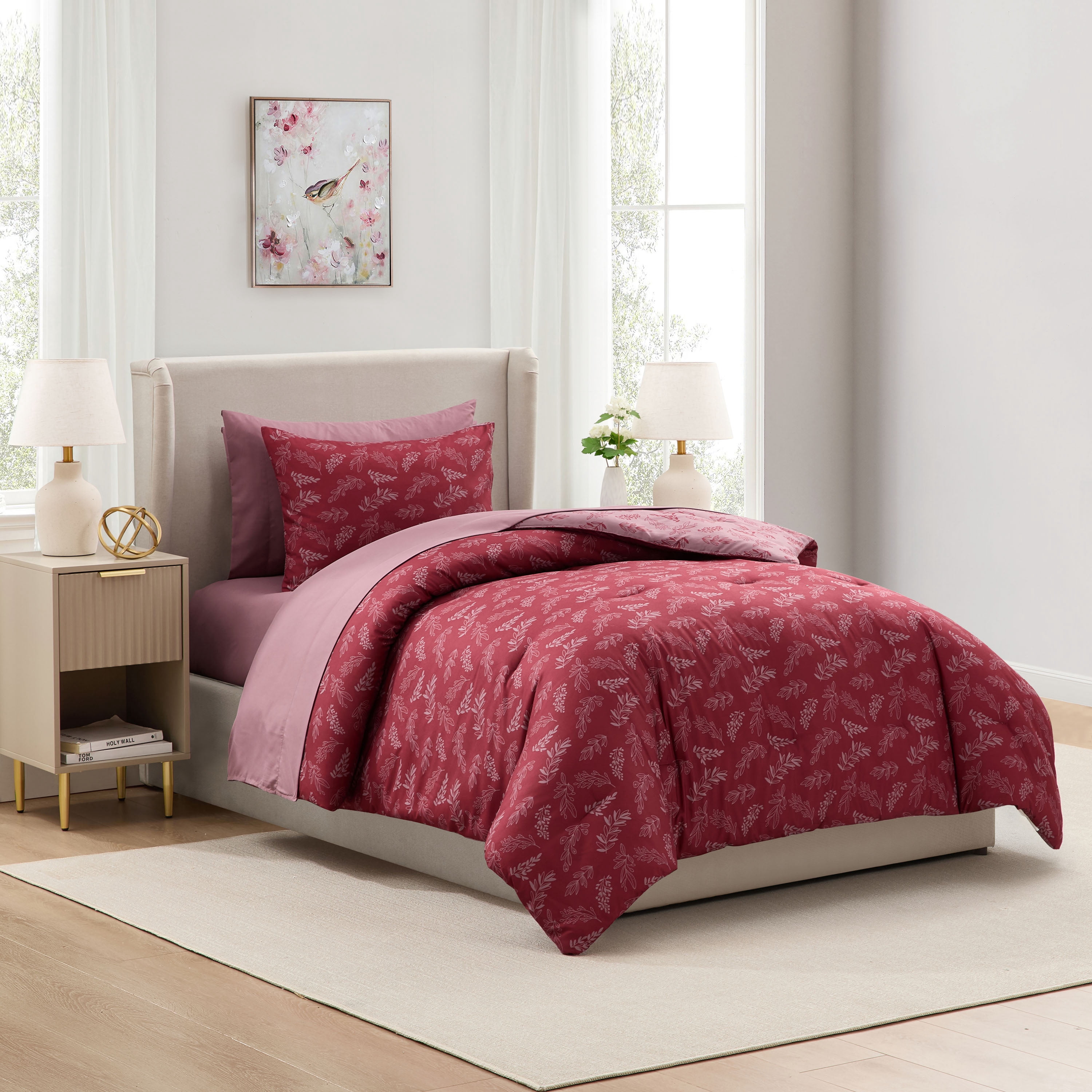 Lammaloe Twin XL Comforter Sets, 5 Piece Reversible Botanical Bed in a Bag, Dorm Bedding Comforter Set with Sheets, Modern Bed Set, Mulberry/Smoky Lavender