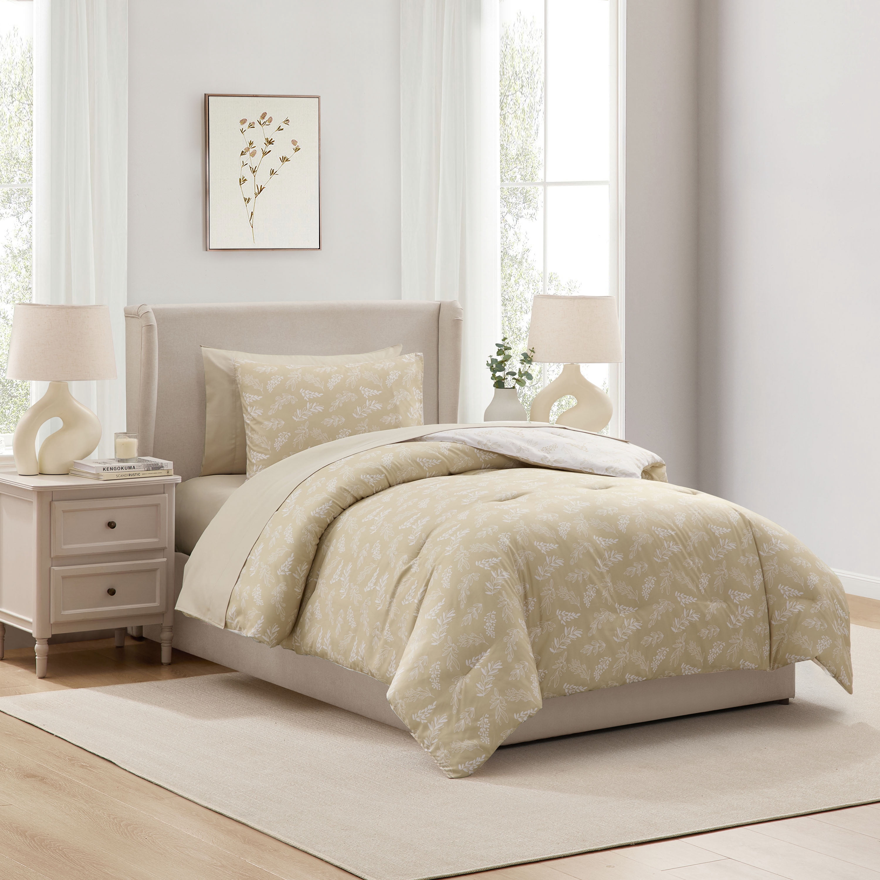 Lammaloe Twin XL Comforter Sets, 5 Piece Reversible Botanical Bed in a Bag, Dorm Bedding Comforter Set with Sheets, Modern Bed Set, Oatmeal/Offwhite