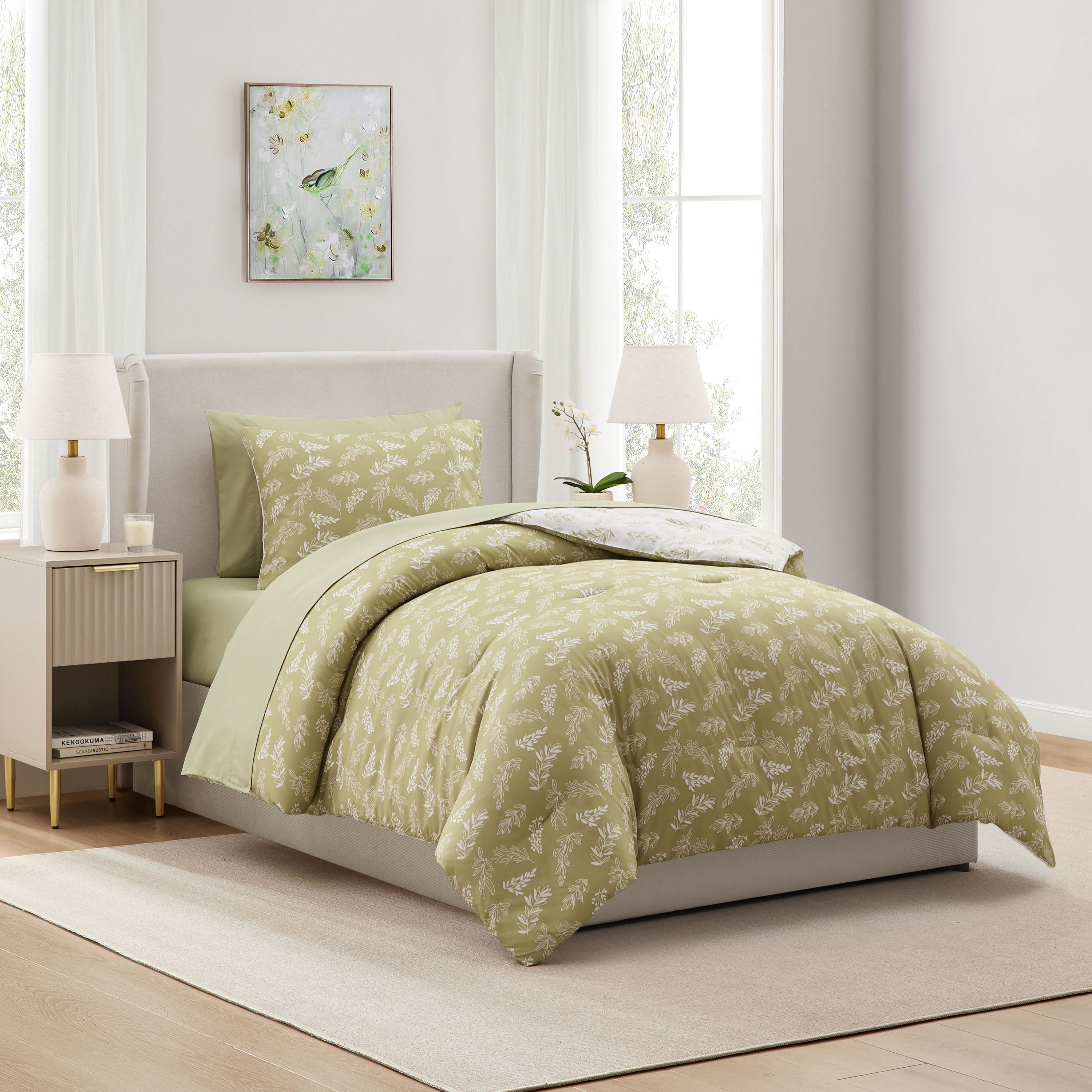 Lammaloe Twin XL Comforter Sets, 5 Piece Reversible Botanical Bed in a Bag, Dorm Bedding Comforter Set with Sheets, Modern Bed Set, Olive Grove/White