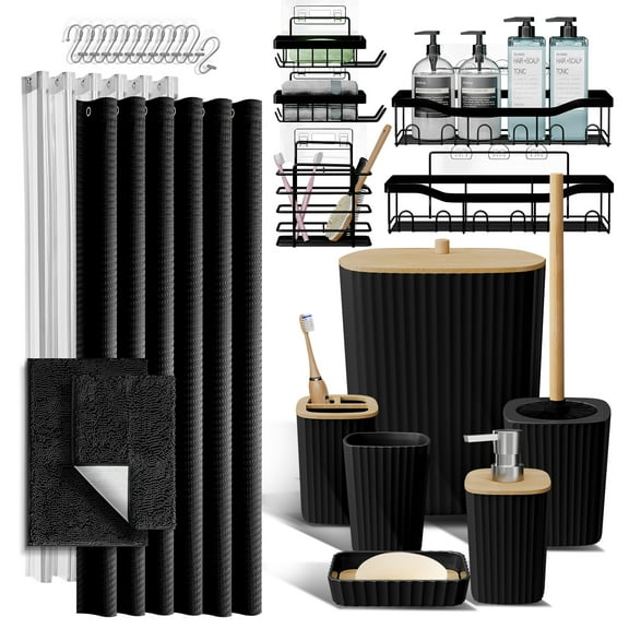 Lammaloe Black Bathroom Accessories Sets and Shower Caddy for Bathroom Sets with Shower Curtain Sets and Rugs and Accessories for Bathroom Decor with Toothbrush Holder