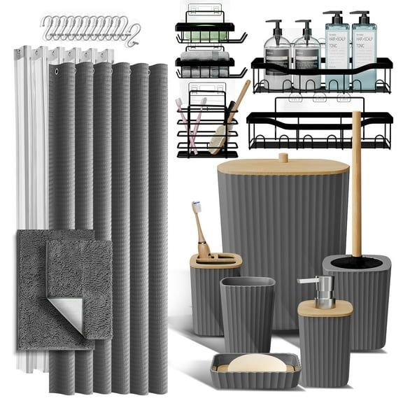 Lammaloe Gray Bathroom Accessories Sets and Shower Caddy for Bathroom Sets with Shower Curtain Sets and Rugs and Accessories for Bathroom Decor with Toothbrush Holder