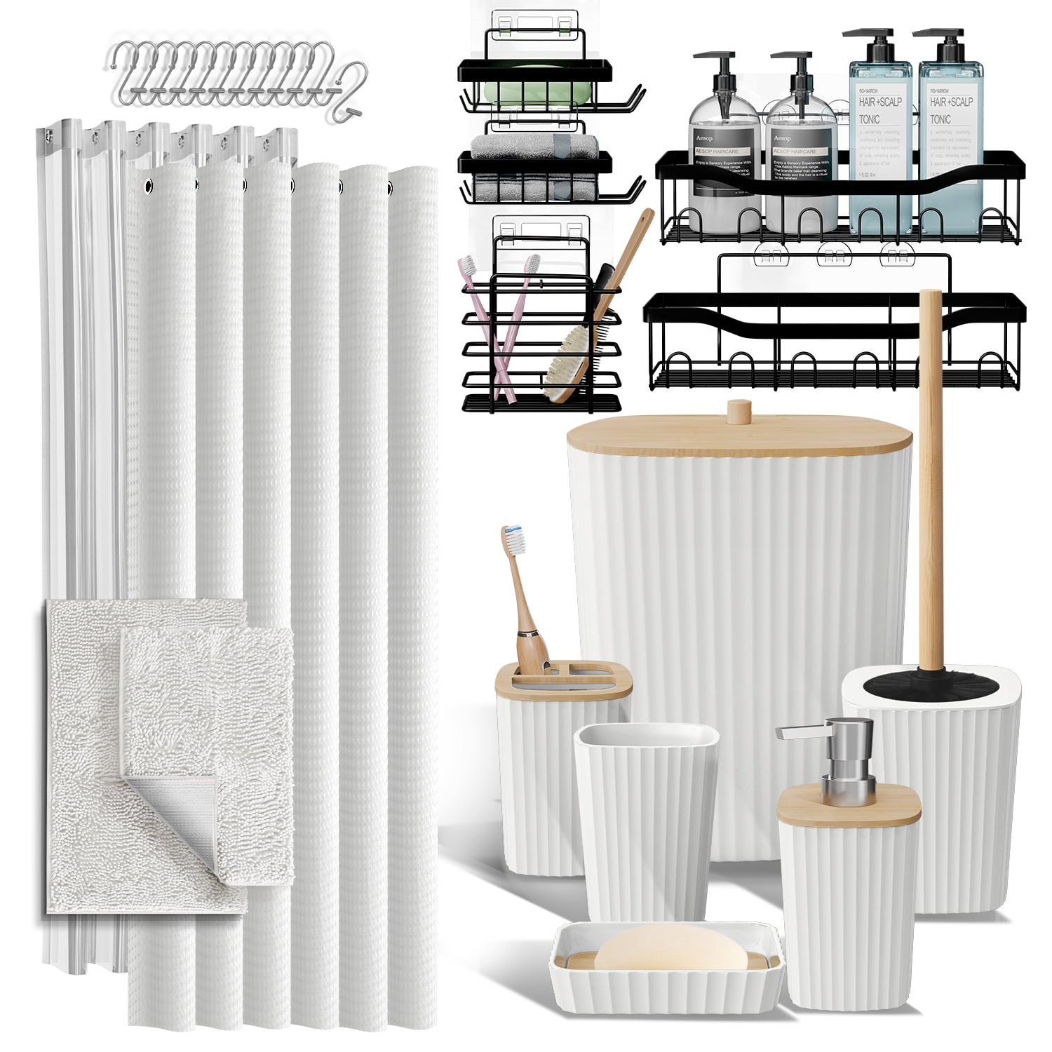 Lammaloe White Bathroom Accessories Sets and Shower Caddy for Bathroom Sets with Shower Curtain Sets and Rugs and Accessories for Bathroom Decor with Toothbrush Holder