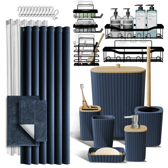 Lammaloe Navy Blue Bathroom Accessories Sets and Shower Caddy for Bathroom Sets with Shower Curtain Sets and Rugs and Accessories for Bathroom Decor with Toothbrush Holder