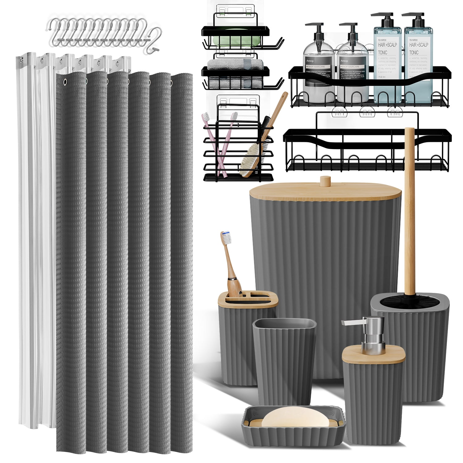 Lammaloe Gray Bathroom Accessories Sets and Shower Caddy for Bathroom Sets with Shower Curtain Sets for Bathroom Decor with Toothbrush Holder