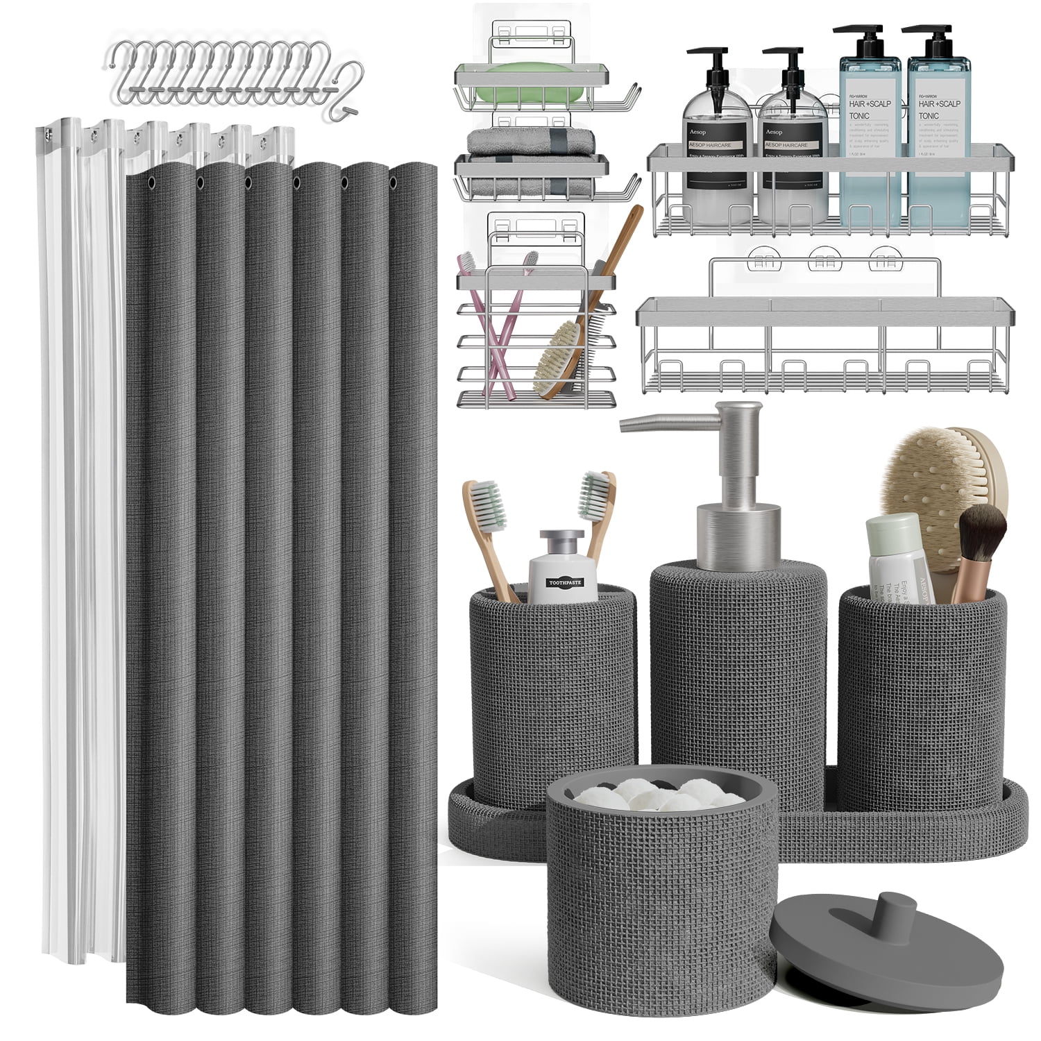 Lammaloe Gray Bathroom Accessories Sets and Shower Caddy for Bathroom Sets with Shower Curtain Sets for Bathroom Decor with Toothbrush Holder