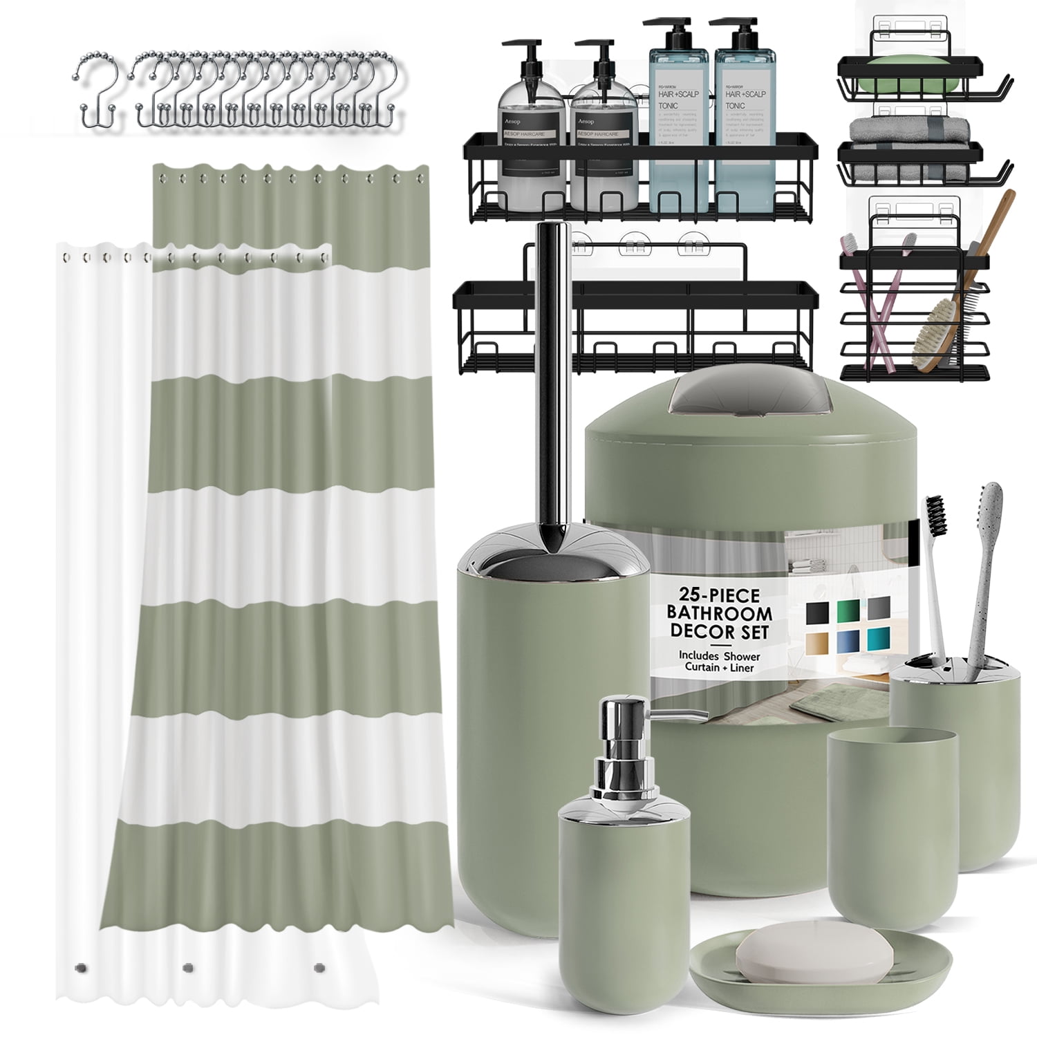 Lammaloe Sage Green Bathroom Accessory and Shower Caddy Set