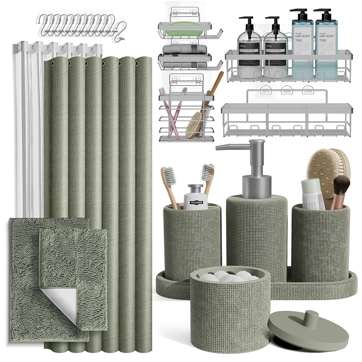 Lammaloe Sage Green Bathroom Accessories Sets and Shower Caddy for Bathroom Sets with Shower Curtain Sets and Rugs for Bathroom Decor with Toothbrush Holder