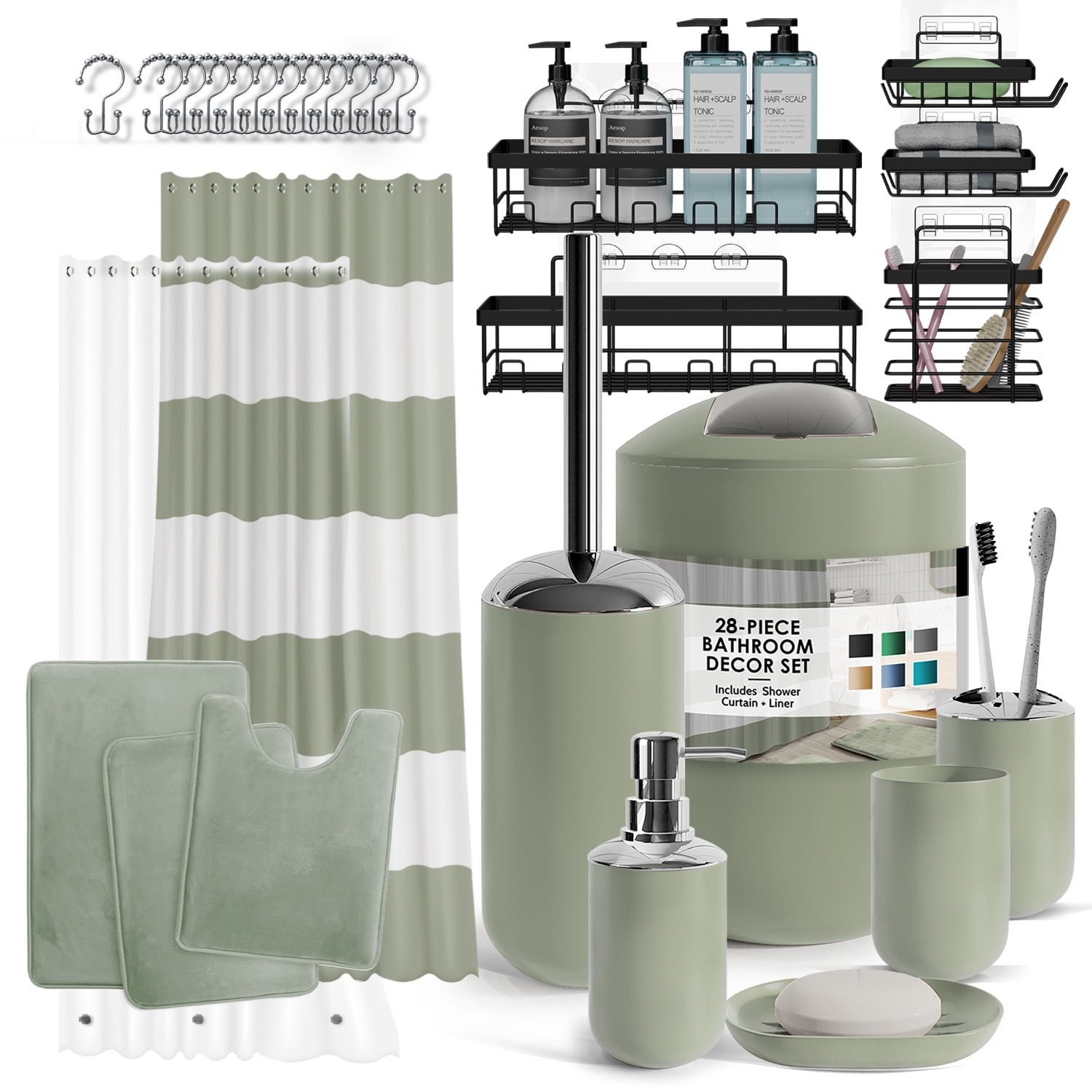 Lammaloe Sage Green Bathroom Accessories Set with Shower Curtain and Rugs