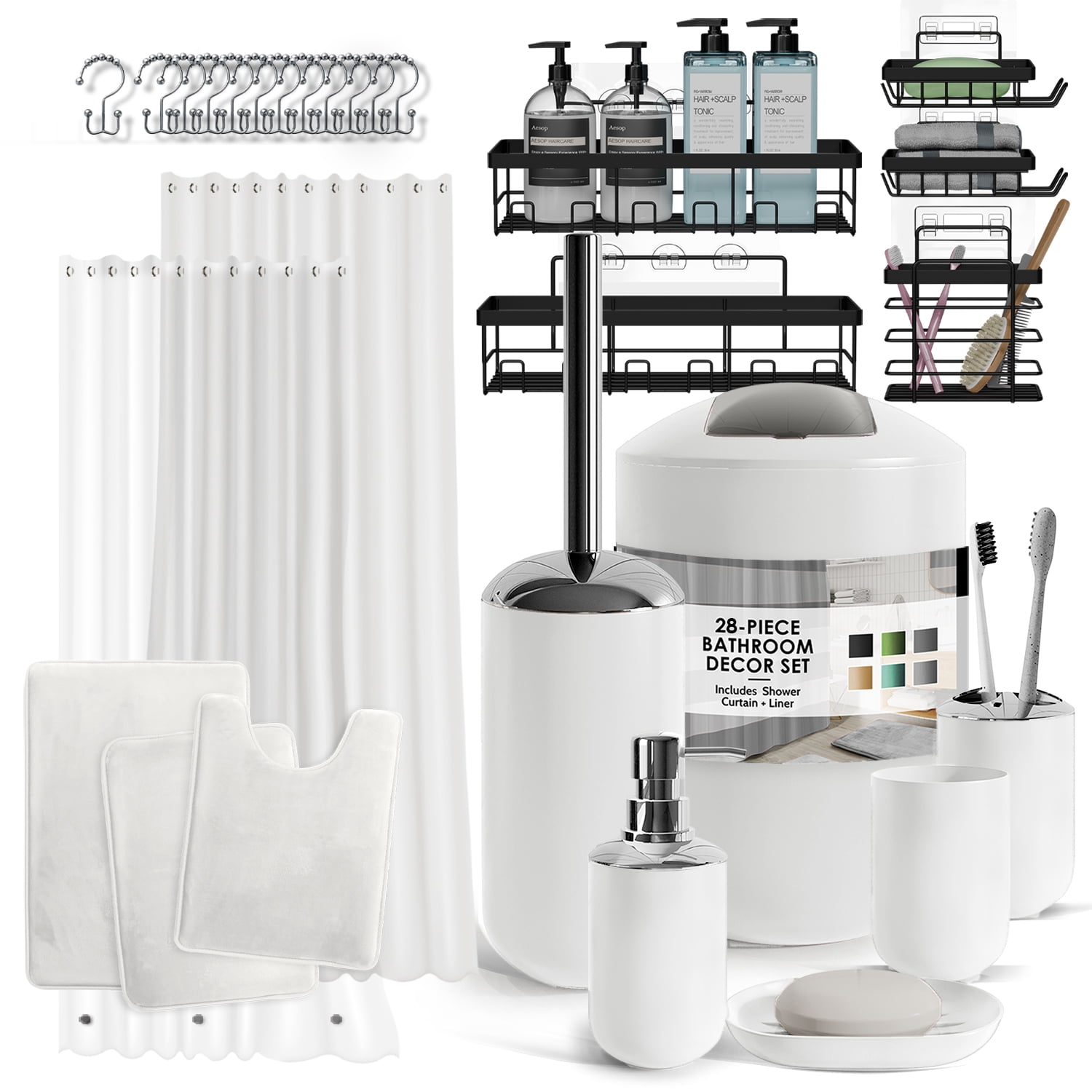 Lammaloe White Bathroom Accessories Sets and Shower Caddy for Bathroom Sets with Shower Curtain Sets and Rugs for Bathroom Decor with Toothbrush Holder