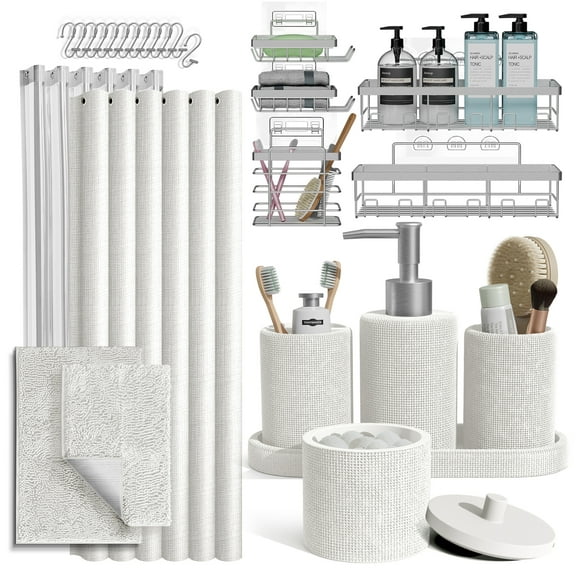 Lammaloe White Bathroom Accessories Sets and Shower Caddy for Bathroom Sets with Shower Curtain Sets and Rugs for Bathroom Decor with Toothbrush Holder