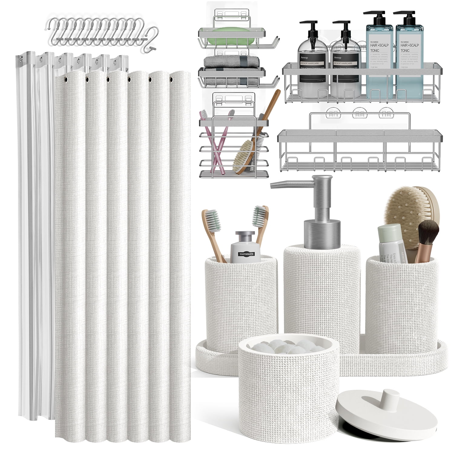 Lammaloe White Bathroom Accessories Sets and Shower Caddy for Bathroom Sets with Shower Curtain Sets for Bathroom Decor with Toothbrush Holder