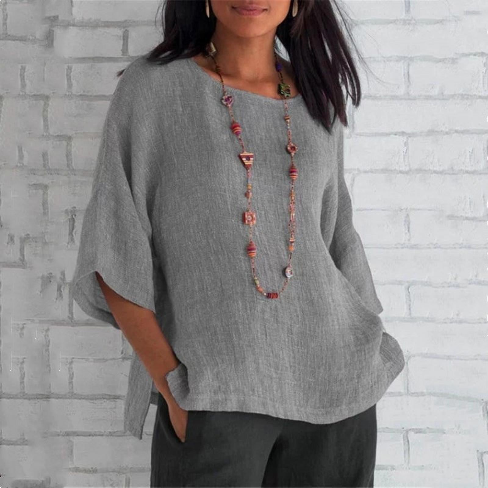 Women's Loose Fashion Three-Quarter Sleeve Crew Neck Linen Shirt Top