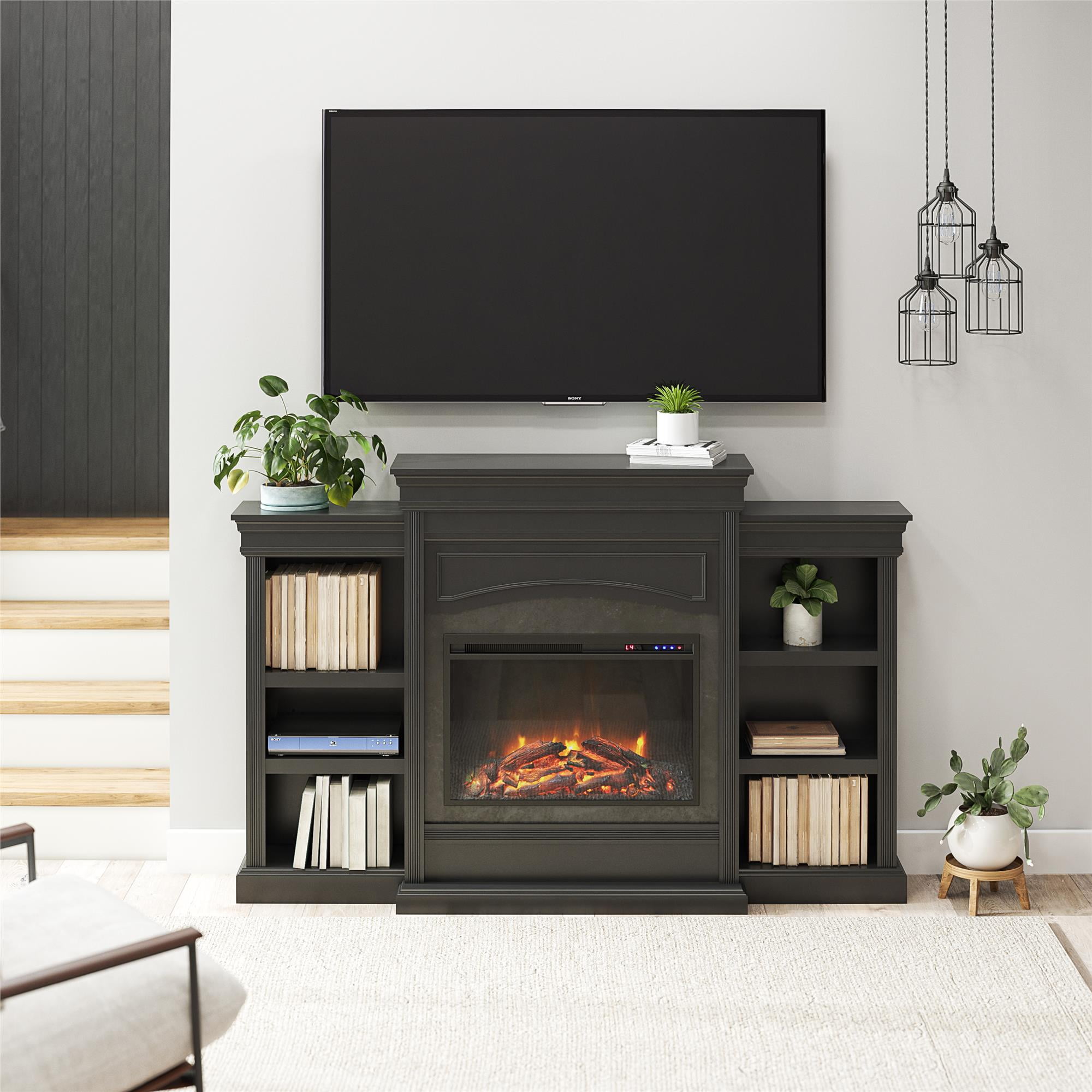Black Electric Fireplace with Mantel and Shelves