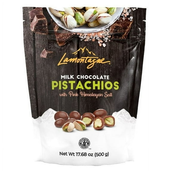 LAMONTAGNE Milk Chocolate Covered Sea Salt Pistachios with Pink Himalayan Salt, 17.68 Ounce (500 g)