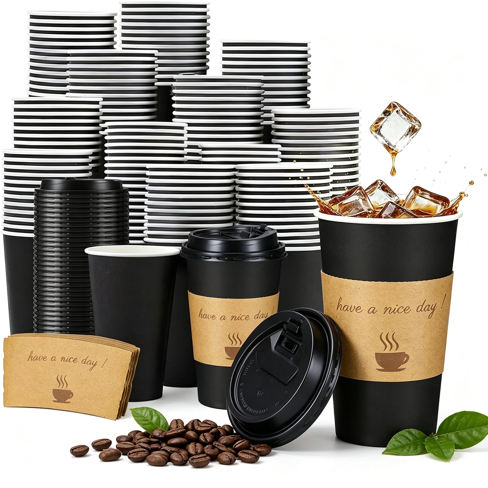 Lamosi 100 Pack 16 oz Disposable Coffee Cups with Lids and Sleeves ...