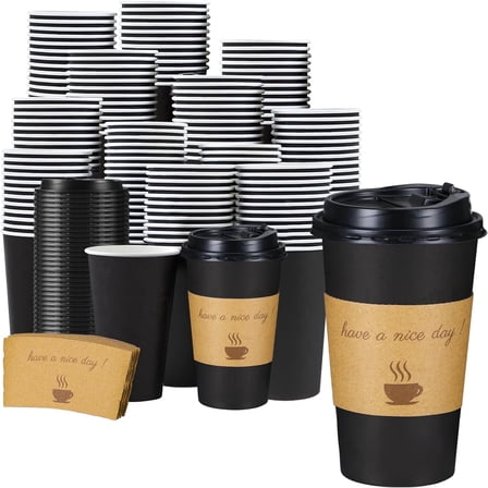 Lamosi 100 Pack 16 oz Coffee Cups, Disposable Paper Cups with Lids and Sleeves, Black To Go Hot Cups
