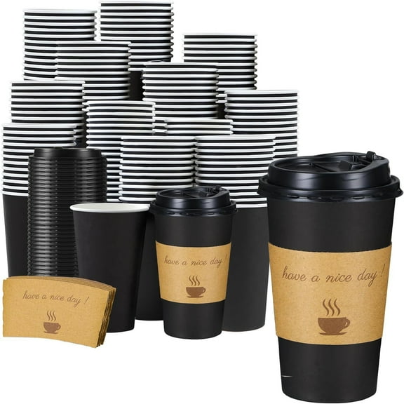 Lamosi 100 Pack 16 oz Coffee Cups, Disposable Paper Cups with Lids and Sleeves, Black To Go Hot Cups