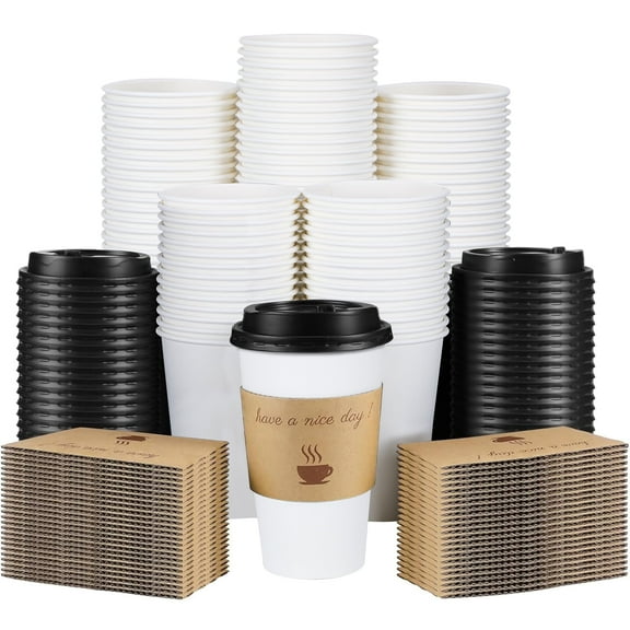 Lamosi 16oz Paper Coffee Cups with Lids Disposable Paper Cups with Cup Sleeves 100 Count