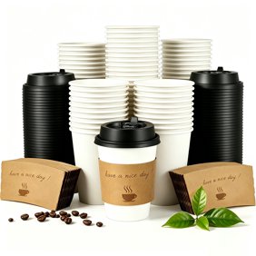 Lamosi 12oz Disposable Coffee Cups with Lids and Sleeves, Leak-free Insulated to Go Paper Hot Cups, 100 Count