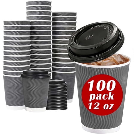 Lamosi 12 oz Paper Cups with Lids,Disposable Insulated to Go Cups,Ripple Double Wall,Grey 100 Count