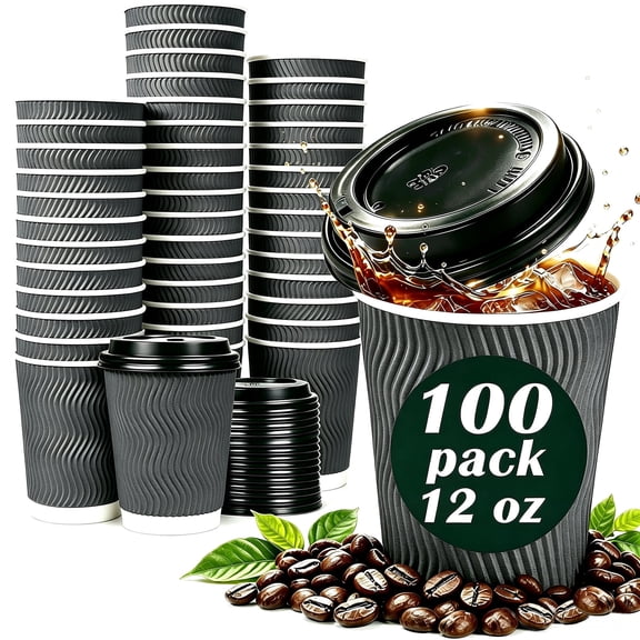 Lamosi 12 oz Paper Cups with Lids,Disposable Insulated to Go Cups,Ripple Double Wall,Grey 100 Count