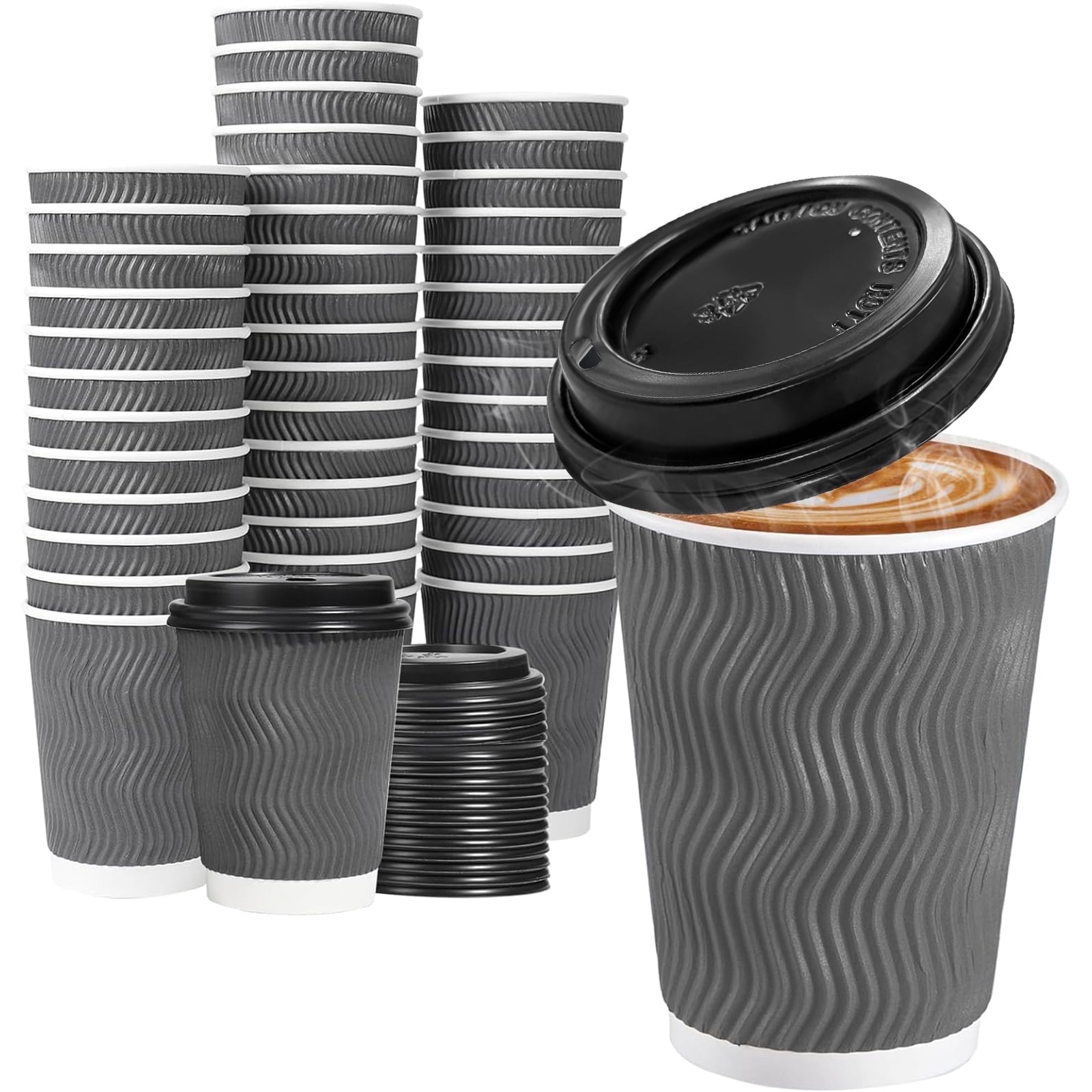 Lamosi 12 oz Paper Cups with Lids Disposable Insulated Ripple Double ...