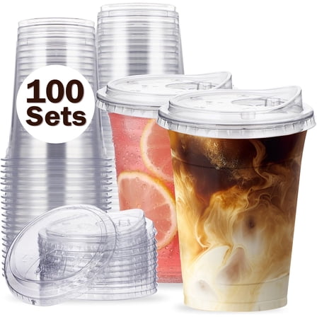 Lamosi 16oz Plastic Cups with Lids Disposable Clear Smooth Cups, 100 Count