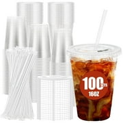 Lamosi 16 oz Clear Plastic Cups with Straw-Slot Lids [100 Sets] PET Crystal Clear Disposable Cups BPA Free + Crack Resistan