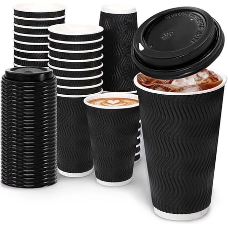 Lamosi 16 oz Paper Cups with Lids,Disposable Insulated to Go Cup,Ripple Double Wall,Black 100 Count