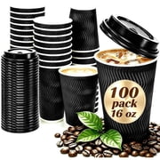 Lamosi 16 oz Paper Cups with Lids,Disposable Insulated to Go Cup,Ripple Double Wall,Black 100 Count