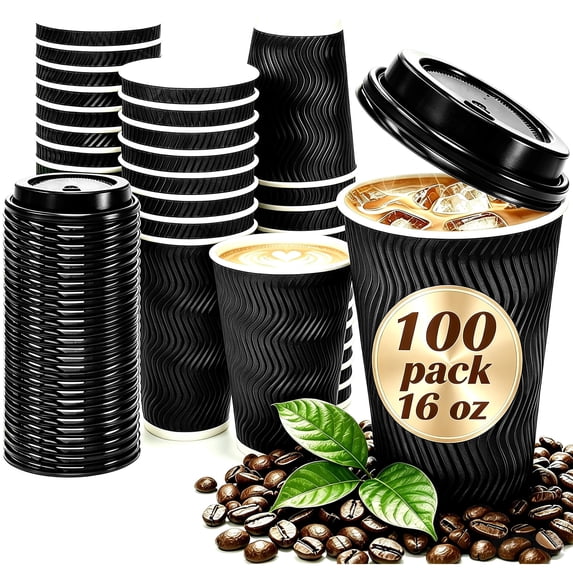 Lamosi 16 oz Paper Cups with Lids,Disposable Insulated to Go Cup,Ripple Double Wall,Black 100 Count