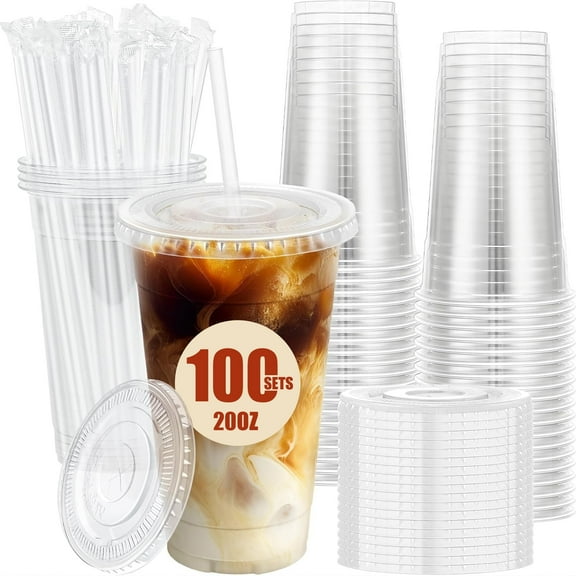 Lamosi 20 oz Clear Plastic Cups with Lids and Straws, Disposable Crystal Cold Cups for Party, PET Food-Grade Material, 100-Pack