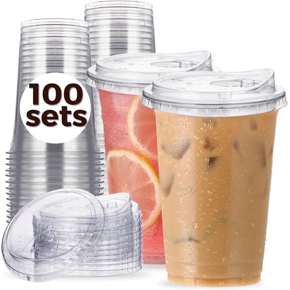 Lamosi 20oz Plastic Cups with Lids Disposable Clear Smooth Cups, 100 Count