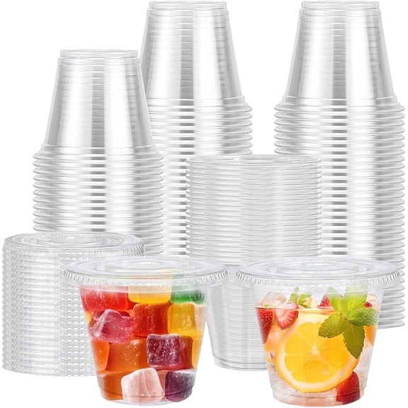 Lamosi 200 Sets, 9 oz Clear Plastic Cups With Flat Lids No Hole, Disposable Cups With Lids, Fruit Cups for Party