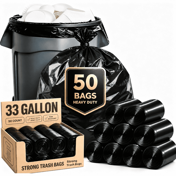 Lamosi 30-33 Gallon Trash Bags (50 Count), 32" x 39" Black Garbage Bags, Outdoor Garbage Can Liners