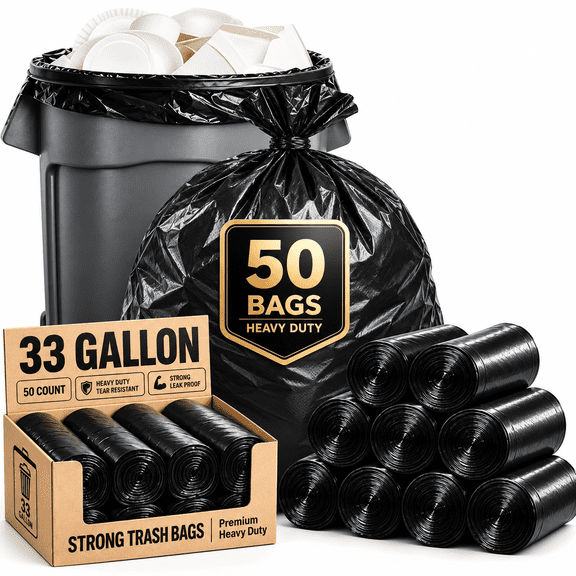 Lamosi 30-33 Gallon Trash Bags (50 Count), 32" x 39" Black Garbage Bags, Outdoor Garbage Can Liners