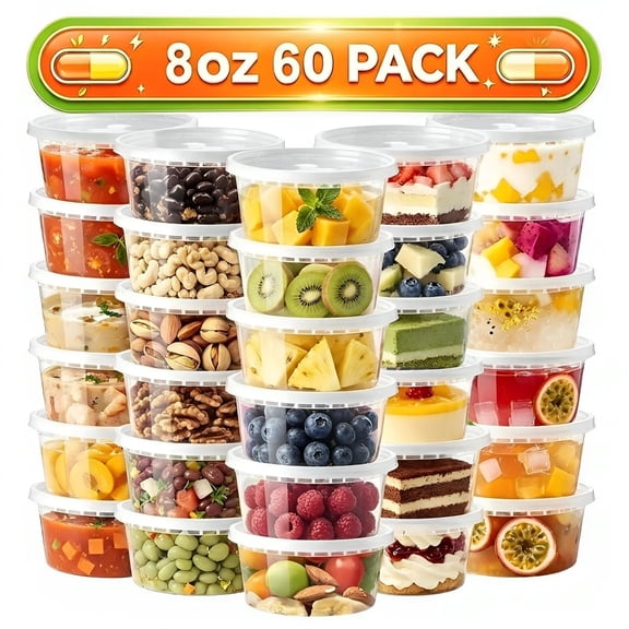 Lamosi 60 Set 8 oz Deli Containers with Lids, Leak-Proof BPA Free Plastic Take Out Bowls, Food Storage Containers