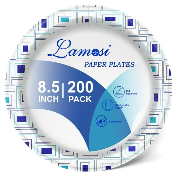 Lamosi 8.5 Inch Disposable Paper Plates, AFN1Paper Plates 200 Count, Soak Proof, Cut Proof, Heavy Duty Disposable Plates for Everyday Use, Party, Wedding