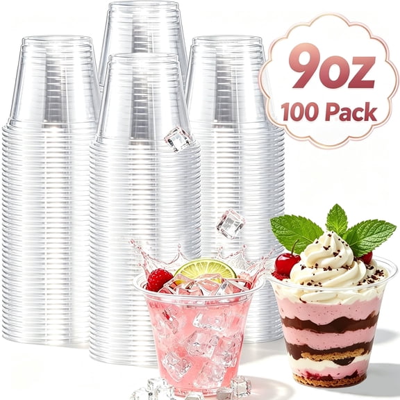 Lamosi Disposable Clear Plastic Cups, 9 oz Crystal Cold Cups, PET Food-Grade Material, 100 Count