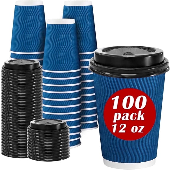 Lamosi Disposable Paper Cups with Lids 12 oz,Insulated to Go Cups,Ripple Double Wall,Blue 100 Count