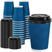Lamosi Disposable Paper Cups with Lids 12 oz,Insulated to Go Cups,Ripple Double Wall,Blue 100 Count