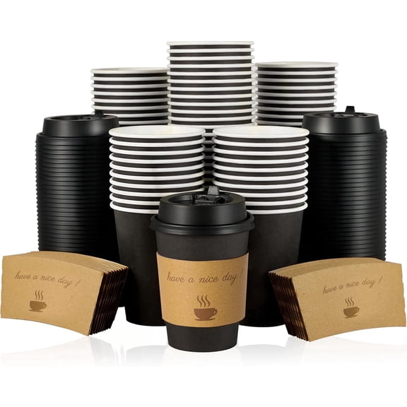 Lamosi Disposable Paper Cups with Lids 12 oz, To Go Hot Cups, Sleeve, Black 100 Count Insulated