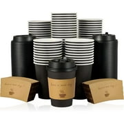 Lamosi Disposable Paper Cups with Lids 12 oz, To Go Hot Cups, Sleeve, Black 100 Count Insulated
