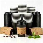 Lamosi Disposable Paper Cups with Lids 12 oz, To Go Hot Cups, Sleeve, Black 100 Count Insulated