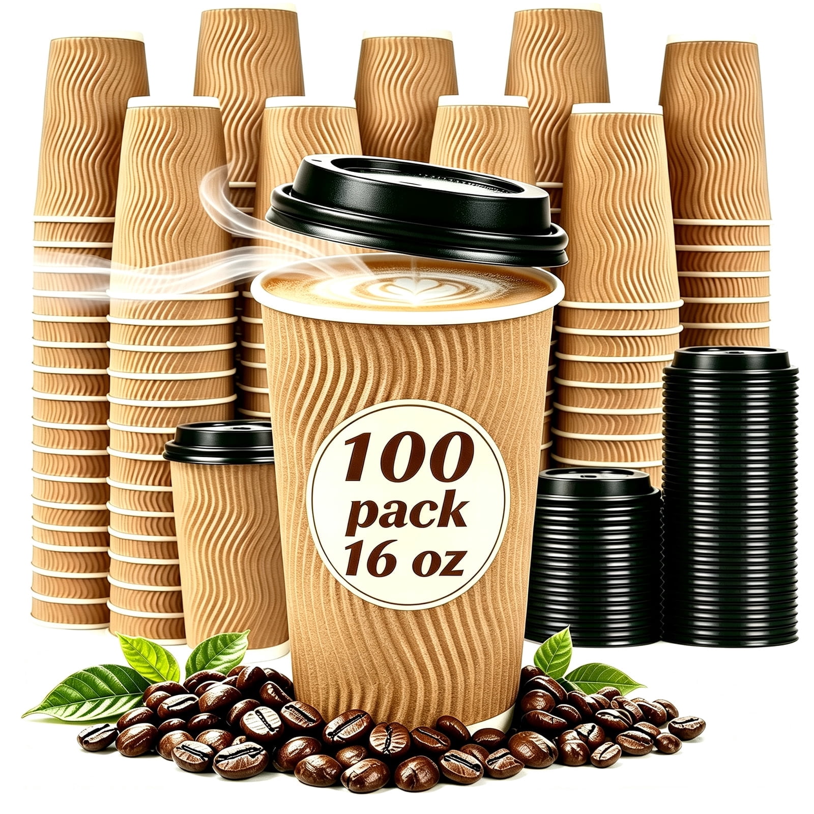 Lamosi Disposable Paper Cups with Lids 16 oz,Insulated to Go Cup,Ripple ...