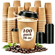 Lamosi Disposable Paper Cups with Lids 16 oz,Insulated to Go Cup,Ripple Double Wall,Brown 100 Count