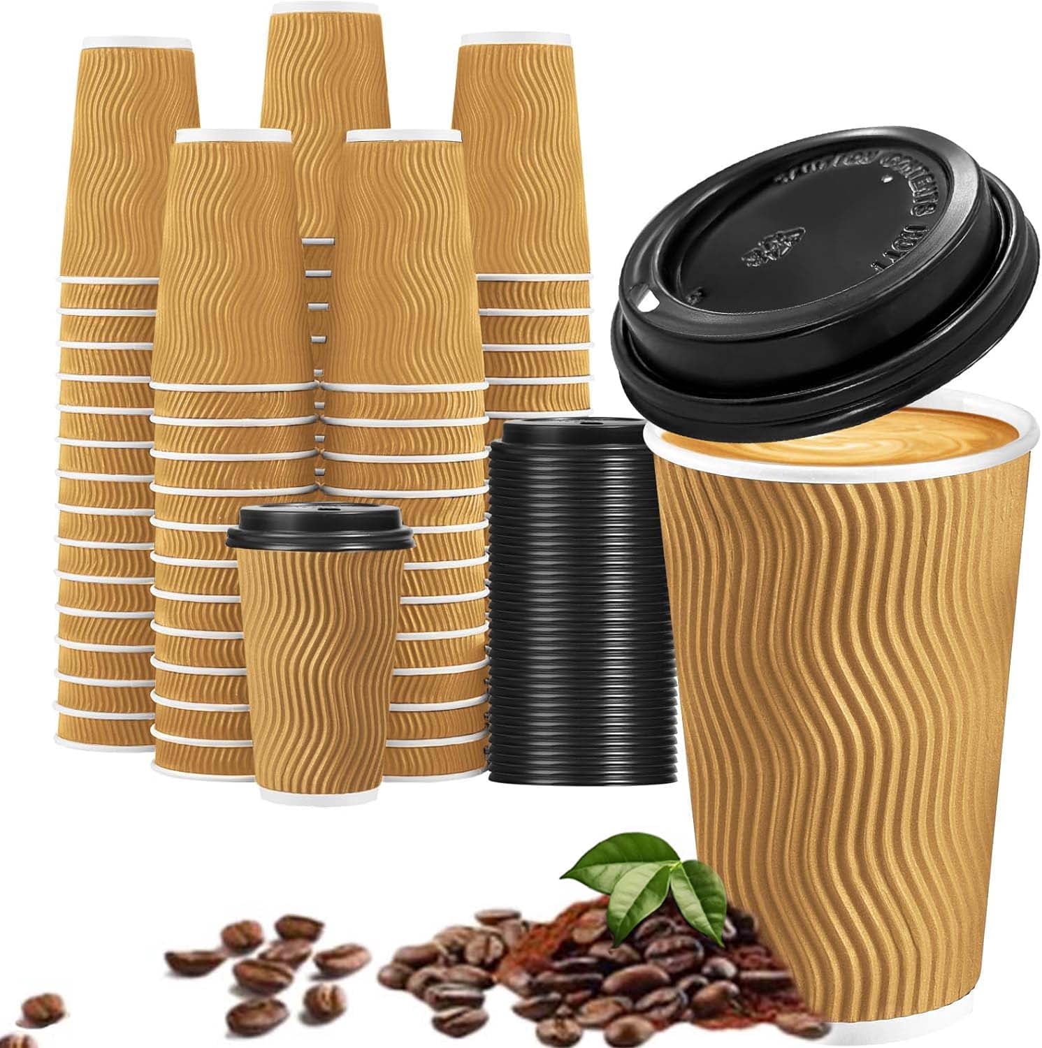 Lamosi Disposable Paper Cups with Lids 16 oz,Insulated to Go Cup,Ripple  Double Wall,Brown 100 Count