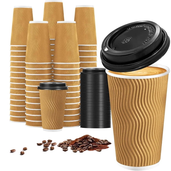 Lamosi Disposable Paper Cups with Lids 16 oz,Insulated to Go Cup,Ripple Double Wall,Brown 100 Count