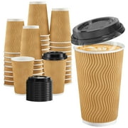 Lamosi Disposable Paper Cups with Lids 16 oz,Insulated to Go Cup,Ripple Double Wall,Brown 100 Count